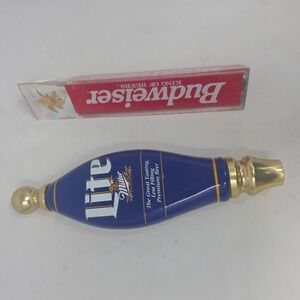 Miller Lite and Budweiser Beer Tap Handle Lot Vintage Barware Breweriana 2pc Set